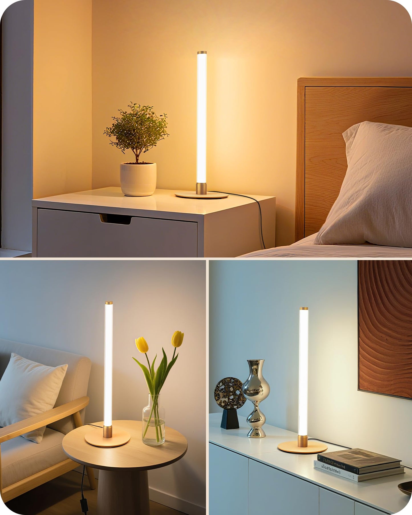 EDISHINE Modern Table Lamp, LED Slim Bedside Lamp with 360° Illumination, Stepless Dimming & 3 Color Temperature, Nightstand Lamp for Bedroom, Living Room, Gold
