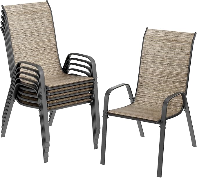 TLSUNNY Patio Chairs, Stackable Textilene Outdoor Dining Furniture for All Weather, with 17.7″ Wide Seat & Metal Frame, for Garden, Backyard, Deck, Restaurant, Poolside (6, Brown, 26.4″)