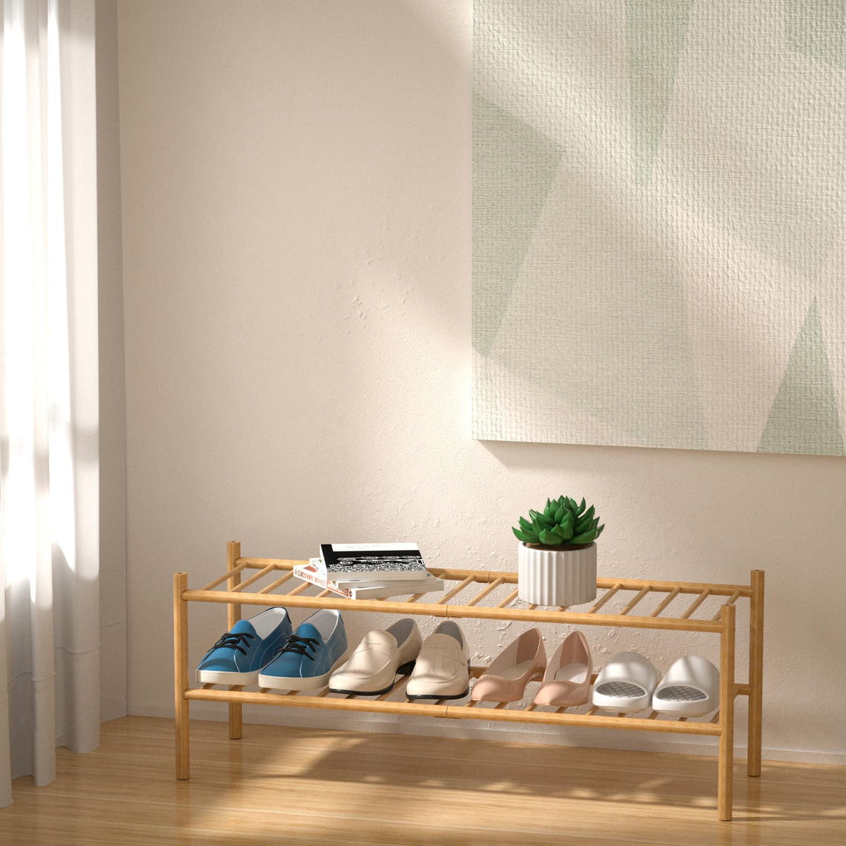 ROMGUAR CRAFT 2-Tier Bamboo Long Shoe Rack, Free Standing Wood Shoe Shelf Storage Organizer for Closet Entryway Stackable 35"x11"x13" (Natural)