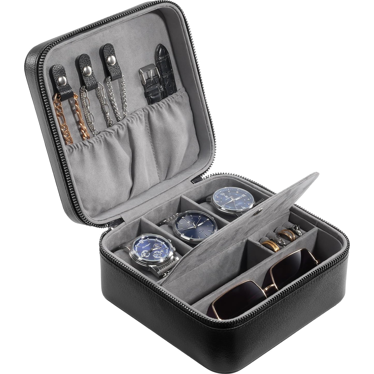 ProCase Travel Watch Case, 3 Slots PU Leather Mens Jewelry Box, Portable Watches Cufflinks Accessories Storage Case, Zippered Carrying Organizer Bag for Man, Valentine's Day Gift -Black