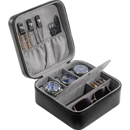ProCase Travel Watch Case, 3 Slots PU Leather Mens Jewelry Box, Portable Watches Cufflinks Accessories Storage Case, Zippered Carrying Organizer Bag for Man, Valentine's Day Gift -Black