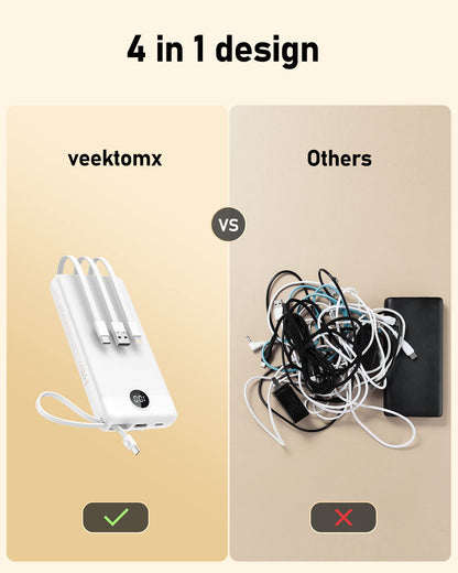 VEEKTOMX Portable Charger Built-in Cables,10000mAh Power Bank for iPhone,Fast Charge USB C Battery Pack Travel Essentials Powerbank Compatible with iPhone 17/16/15/14, Samsung S25/24, Android, etc