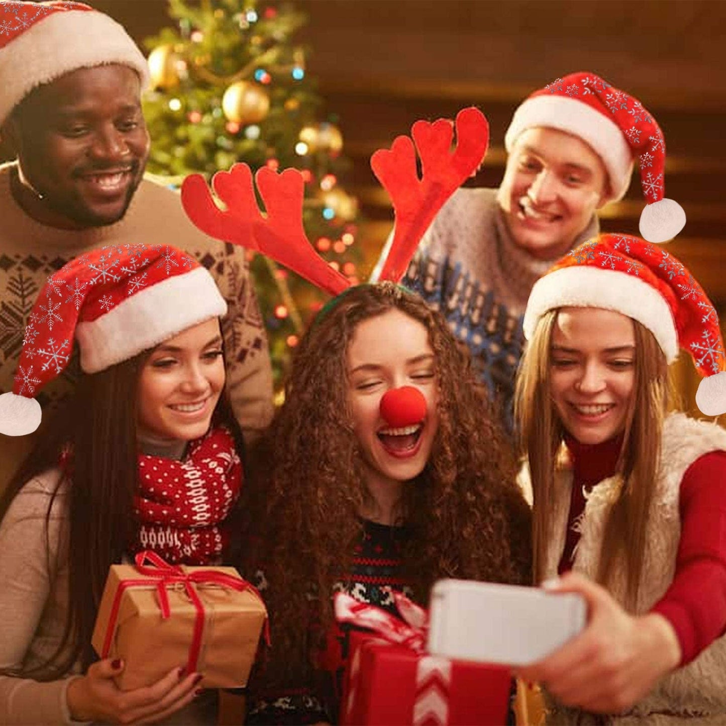 LessMo 4 Pcak Christmas Santa Hat, Santa Hat Adults Christmas Hats, Reusable Double Liner Plush with Snowflake Pattern, for Children Kids Christmas New Year Festive Holiday Party Supplies