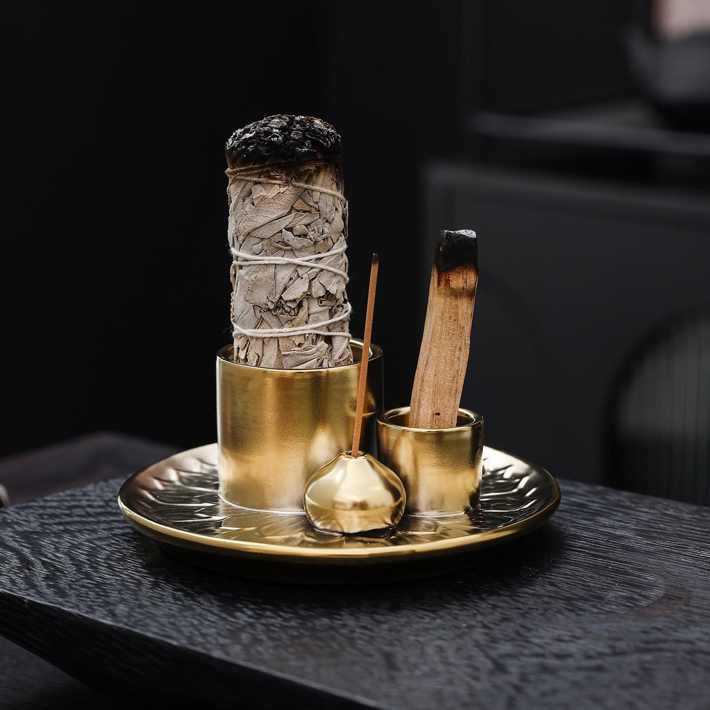 4 in 1 Incense Burner Holder with Ash Catcher, Gold-Plated Ceramic Tray for Burning Incense Sticks, White Sage, Palo Santo, Candle
