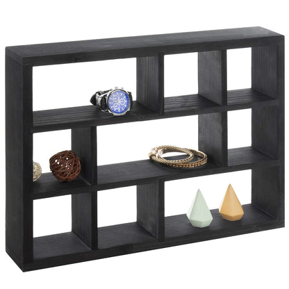 MyGift 9 Compartment Vintage Solid Wood Shadow Box, Wall Mountable Curio Display Case, Freestanding or Floating Shelf for Collectible Figurines, Succulents (Matte Black)