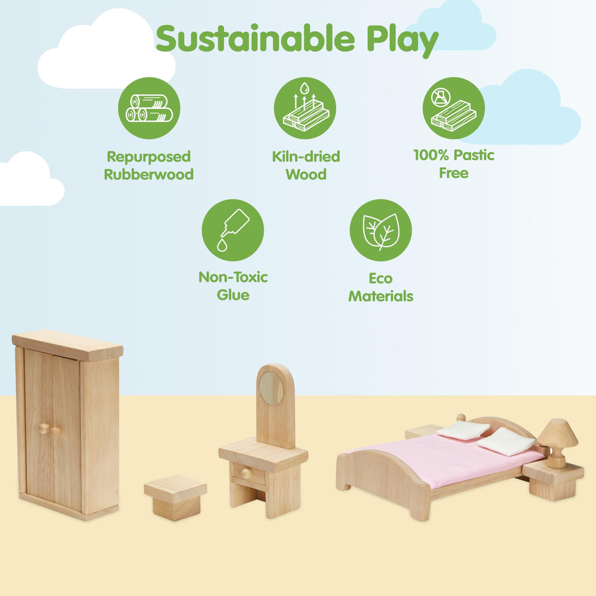 PlanToys® Classic Dollhouse Bedroom Furniture Set | Eco-Friendly Wooden Dollhouse Accessories for Kids | Includes Bed, Closet, Vanity, Chairs & Lamp | Pretend Play Montessori Toy