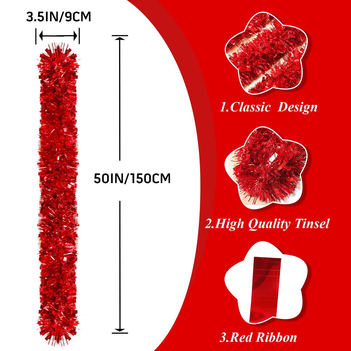 50Ft Red Christmas Garland Decorations,Xams Tinsel Stems Non-Lit Soft Twist Garland Decor for Tree Stairs Railing Front Door Mantle Fireplace Indoor Outdoor Holiday Home