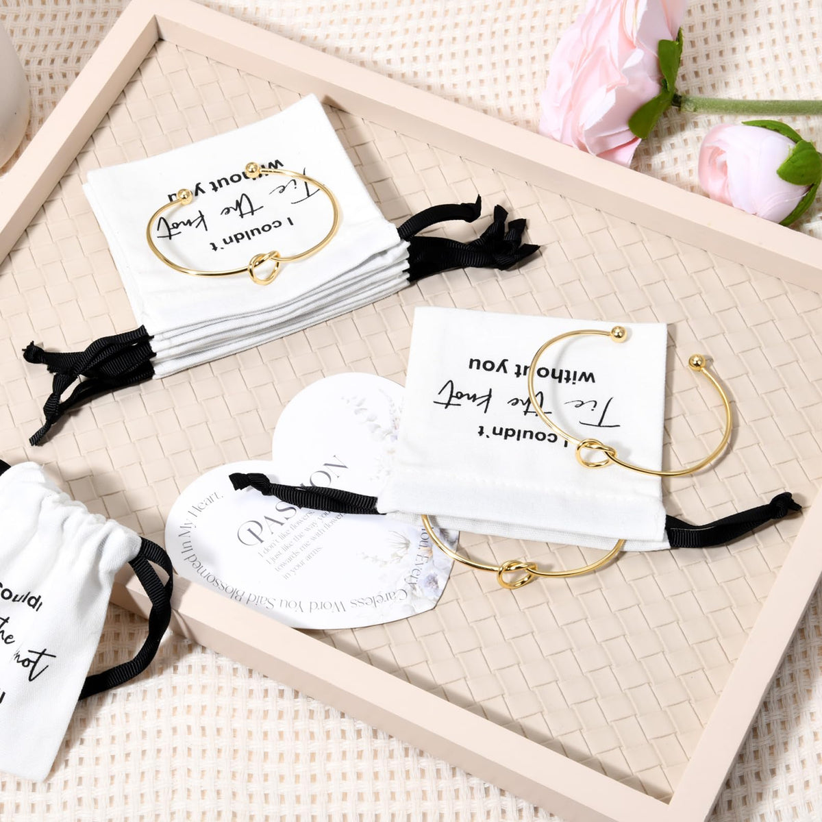 CEELGON 12 Pcs Jewelry Pouch Set of 6 Linen Cotton Small Drawstring Bags & Bridesmaid Knot Bracelet Jewelry Packaging Proposal Gift Bridal Party Favors (Gold)
