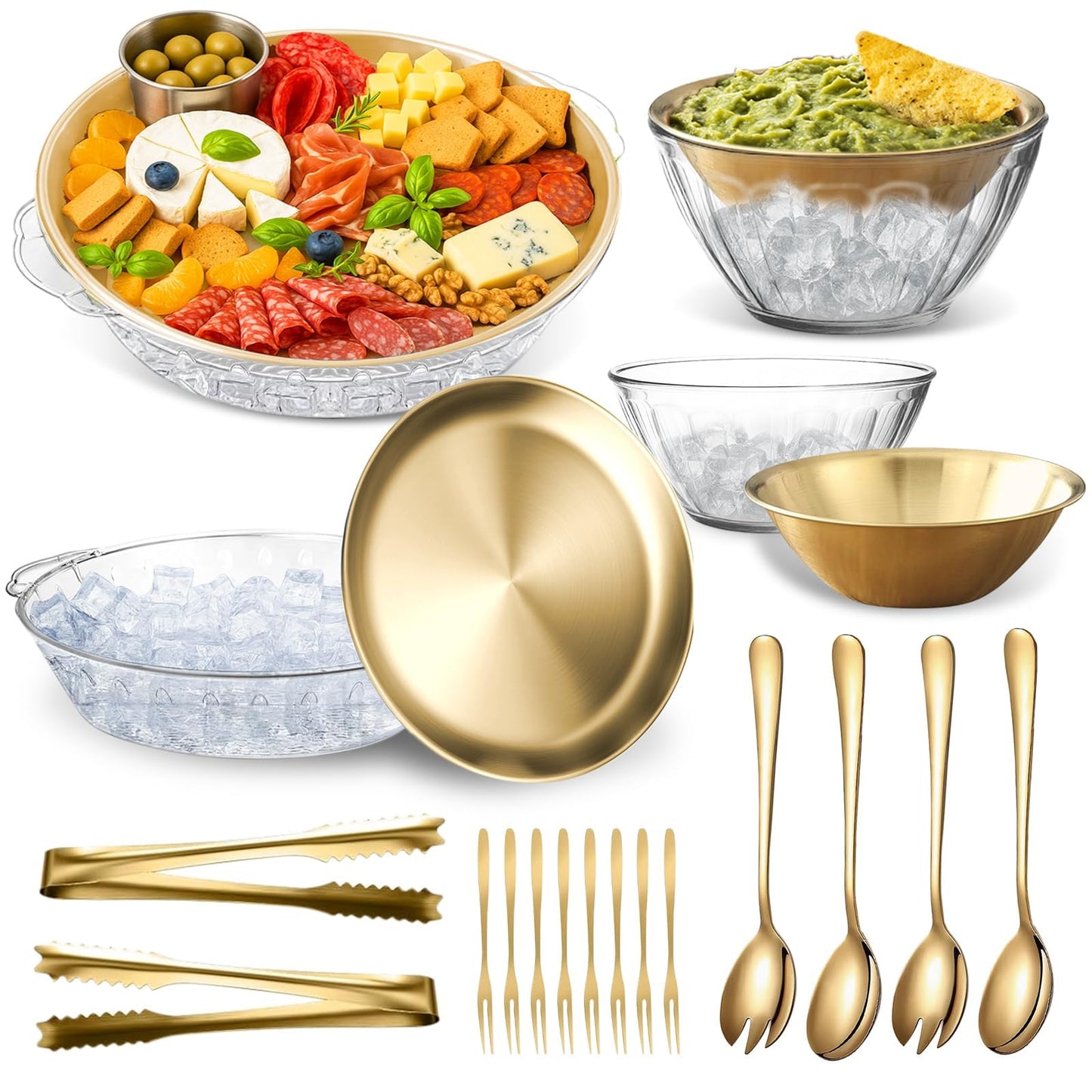 4 Set Gold Chilled Serving Tray and Dip Bowl for Parties, Chilled Serving Bowl Veggie tray Shrimp Cocktail Serving Dish with Salad Spoon & Fork, Tong and Forks for Fruit Seafood Vegetable Appetizer