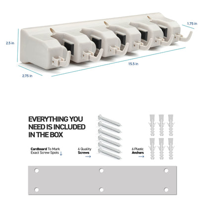 Home It Mop And Broom Holder Wall Mount - Garage Storage Systems with 5 Slots, 6 Hooks, 7.5lbs Capacity Per Slot - Garden Tool Organizer For Home, Kitchen, Closet, Garage, Laundry Room - Off-White
