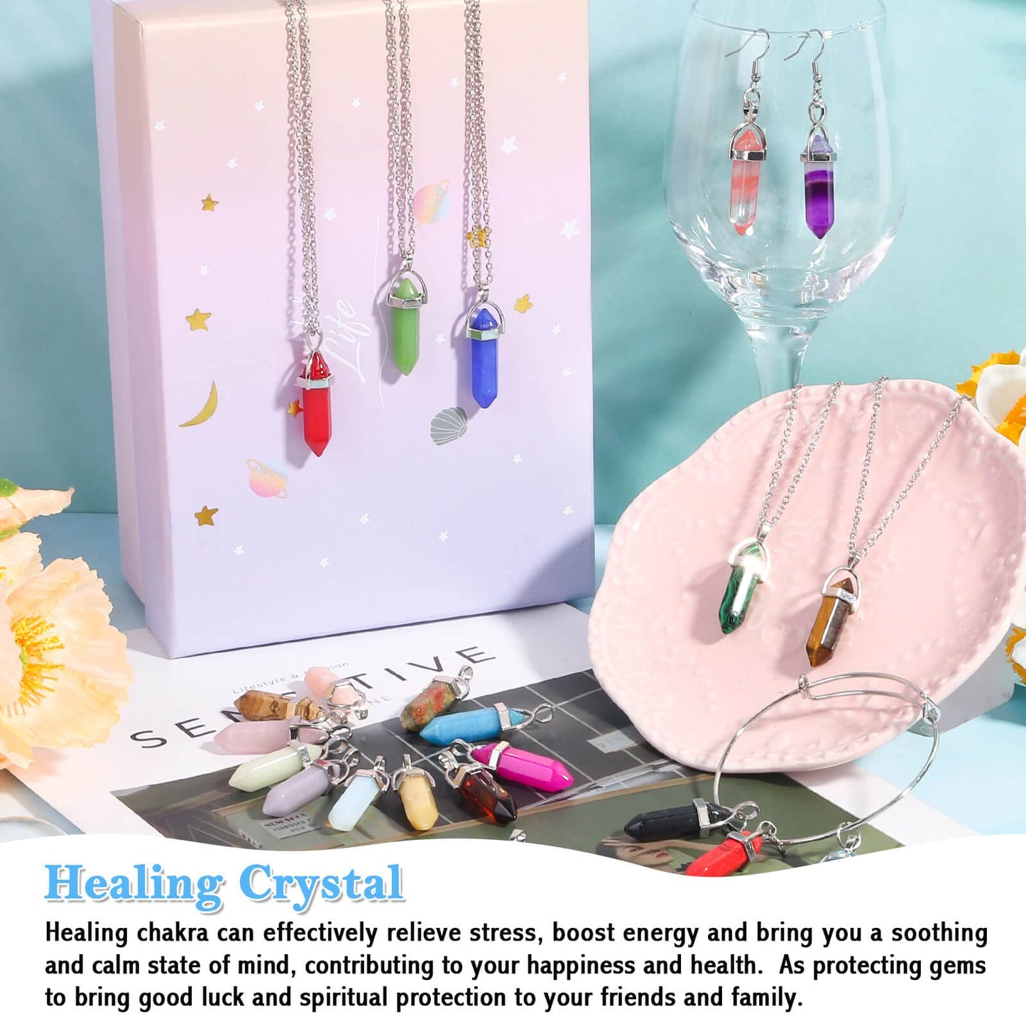 ROADPLUM 40Pcs Healing Crystal Pendants, Glow in the Dark Gemstones Charms Quartz Stone, Hexagonal Crystals Pointed Chakra, Natural Crystal Necklace Pendants for Jewelry Making with Storage Box