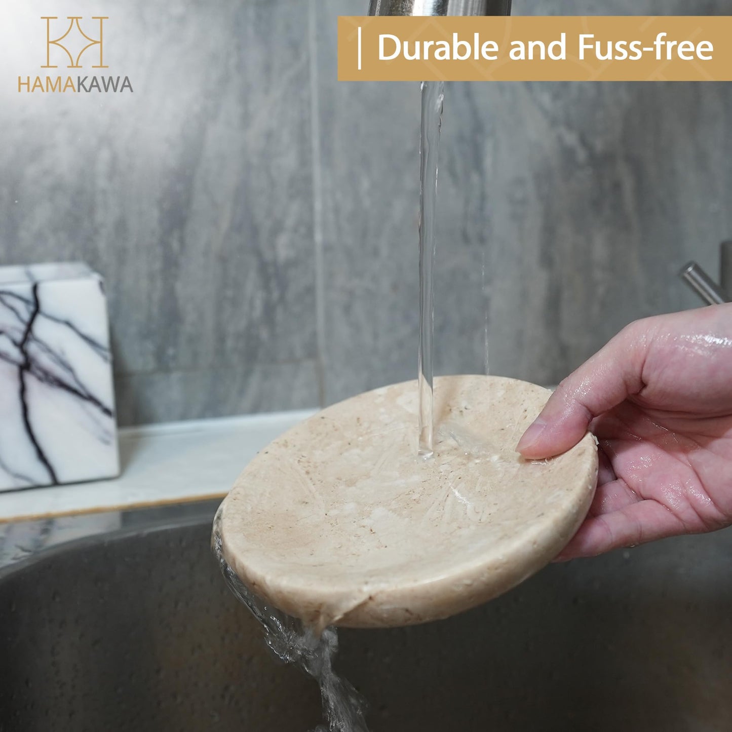 HAMAKAWA Turkish Natural Marble Jewelry Dish, Round Ring Dish 5.5 inch, Beige Trinket Tray, Travertine Bathroom Soap Holder, Decorative Stone Dish for Earrings, Ideal Gift for Women