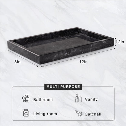 Homaura Marble Bathroom Tray for Countertop & Home Decor, Natural Decorative Marble Tray for Jewelry & Perfume Organizer, Luxury Stone Vanity Trays for Dresser, Kitchen Counter, 12" x 8", Gray Black