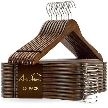 Amber Home 20 Pack Walnut Wooden Coat Hangers, Vintage Wood Suit Hangers with Non-Slip Pant Bar, Clothes Hangers for Closet Organization, Shirts, Jackets, Dresses, and Pants (Retro, 20)