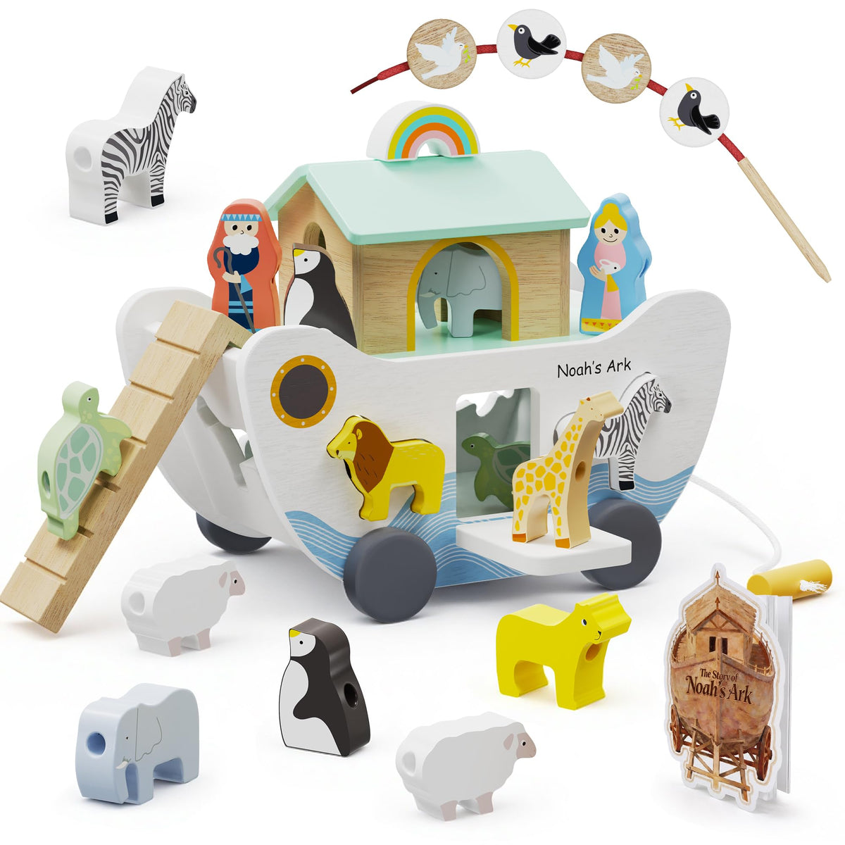 GiggleGems Noah's Ark Wooden Toy - All-in-1 Push Pull Shape Sorter for Toddlers - Montessori Animal Matching Set - Baptism Christening Gift for Birthday, Religious Toys for Boys Girls (18M+)
