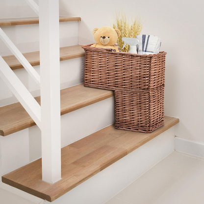 Woodluv L-Shape Large Wicker Step Basket With Insert Handle, Step Tidy Storage Basket, Bin for Laundry, Toys, Household Items, Staircase Storage Basket Organiser, Natural, 38 x 21 x 40 cm