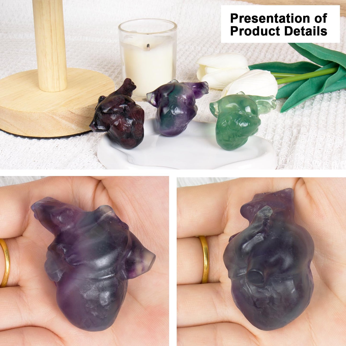 Rainbow Fluorite Heart Crystal Figurines, 2.1 Inch Crystal Heart Love Statue for Home Decor, Meditation and Stress Relief, Hand Carved Natural Healing Stone Cardiac Sculpture Spiritual Gift for Women