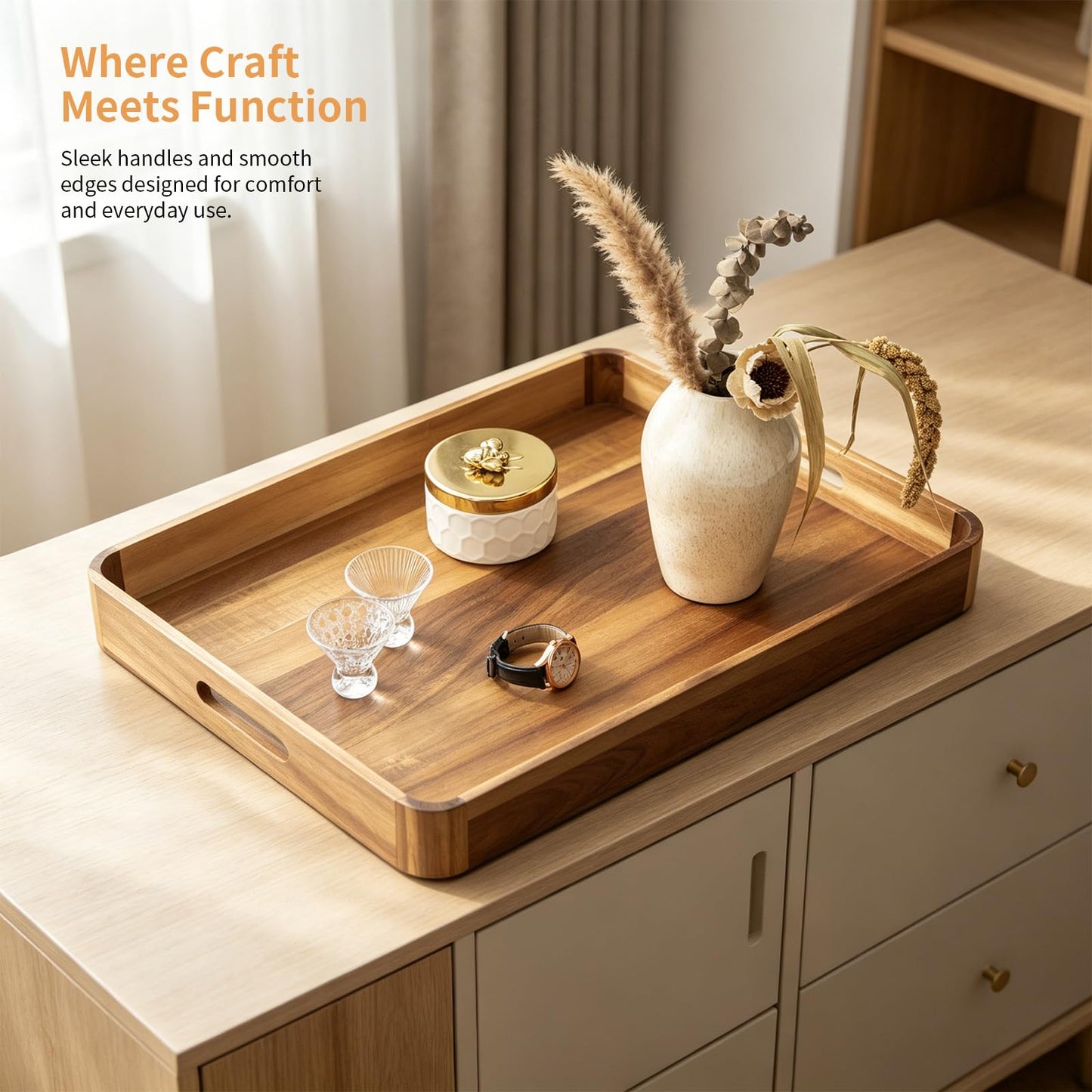 Wooden Serving Tray with Handles,Rustic Ottoman Tray for Kitchen Counter/Coffee Table/Living Room Decor,Versatile Tray for Party Wood ServingTray for Dinner/Breakfast/Snack Entertaining Guests