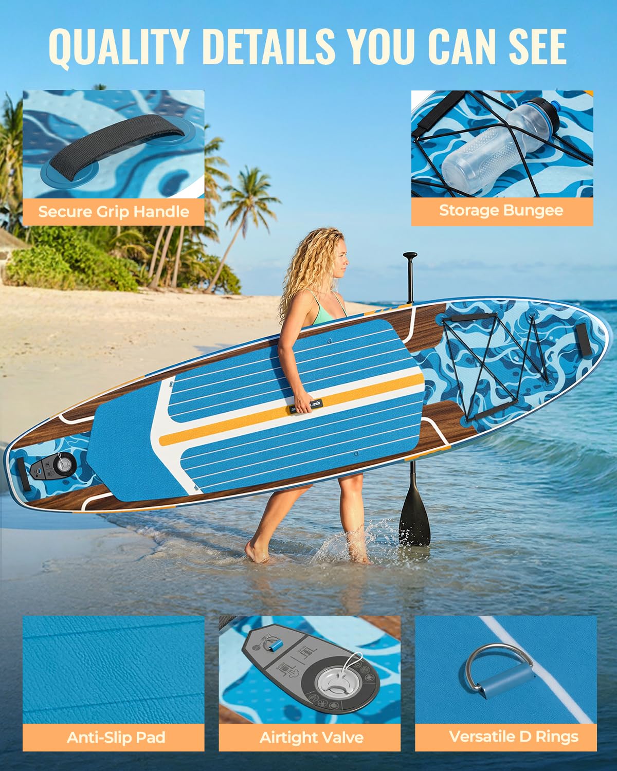Marsdorgan 11ft Inflatable Stand Up Paddle Board with Kayak Seat, Wood Grain Lightweight SUP, 430lbs Capacity for Water Sports Fishing Surfing, 2-3 Person Family, w/Pump & 10L Dry Bag, Walnut