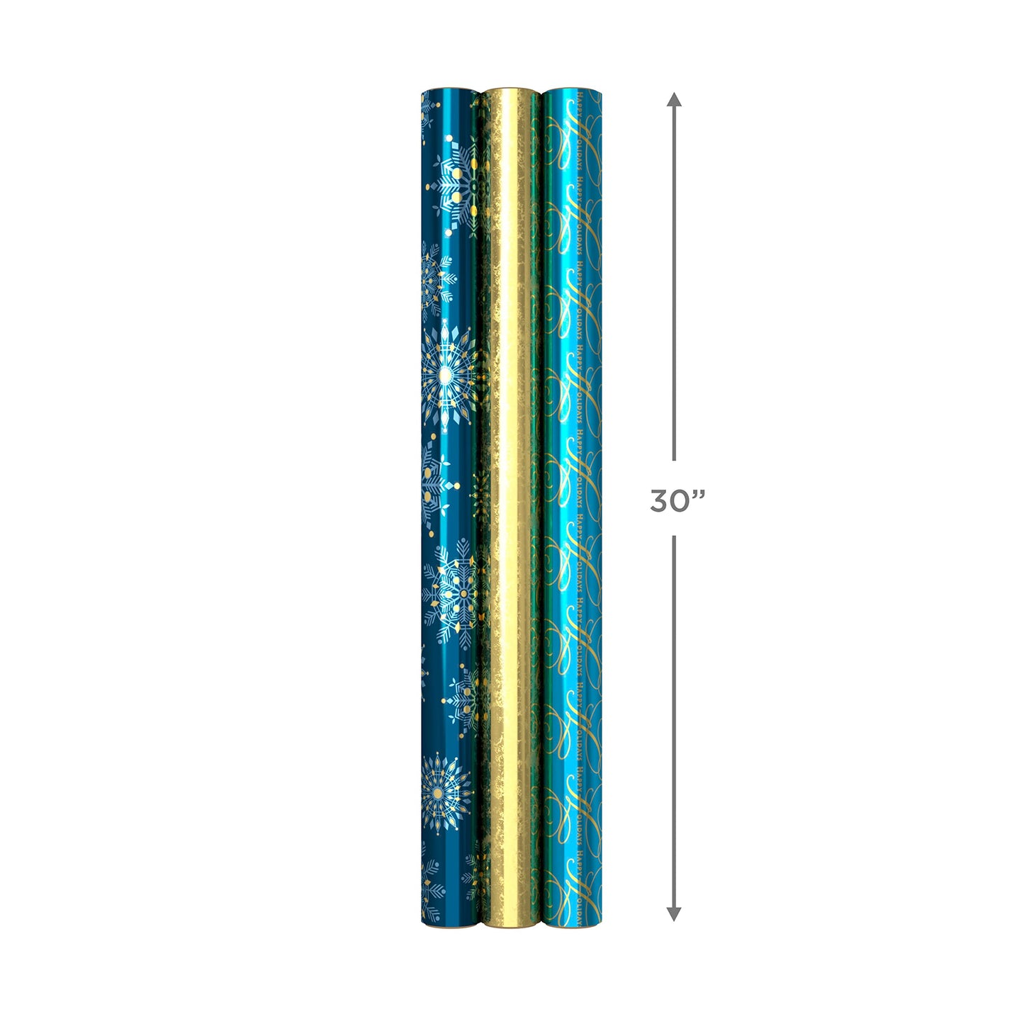 Hallmark Christmas Wrapping Paper Rolls, Metallic Foil Holiday Gift Wrap (Pack of 3: 60 sq. ft. ttl) Elegant Navy Blue and Gold for Christmas, Hanukkah, Weddings, Graduations