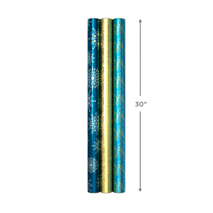 Hallmark Christmas Wrapping Paper Rolls, Metallic Foil Holiday Gift Wrap (Pack of 3: 60 sq. ft. ttl) Elegant Navy Blue and Gold for Christmas, Hanukkah, Weddings, Graduations