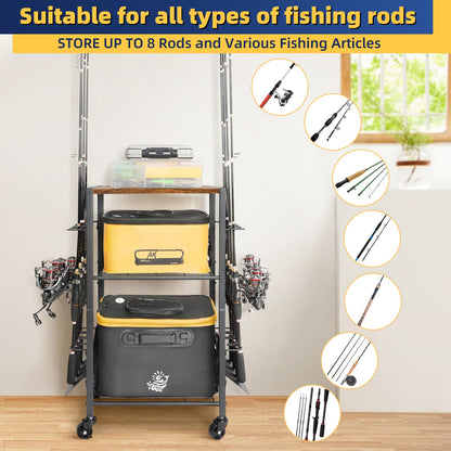 Olakee Fishing Rod Holder Cart for Garage & Home – Rolling Fishing Pole Organizer with Wheels, Holds 8 Rods, Tackle Storage Rack for Entryway, Corner, Gift for Men & Dad Anglers