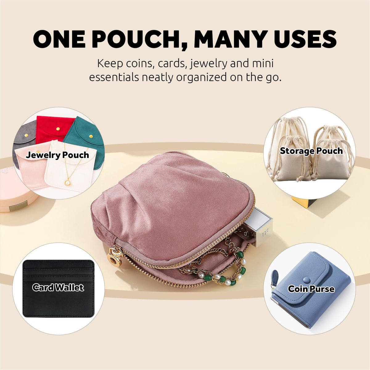 Lumayina Velvet Travel Jewelry Pouch, 2-in-1 Clamshell Case with Detachable Insert, Portable Travel Jewelry Organizer with Wrist Strap, Converts to Mini Coin Purse, Gift for Women & Girls (Dusty Pink)