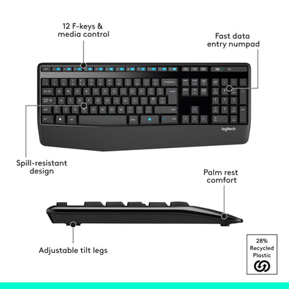 Logitech MK345 Wireless Keyboard and Mouse Combo, Full-Sized Keyboard with Palm Rest, QWERTY US International Layout - Black