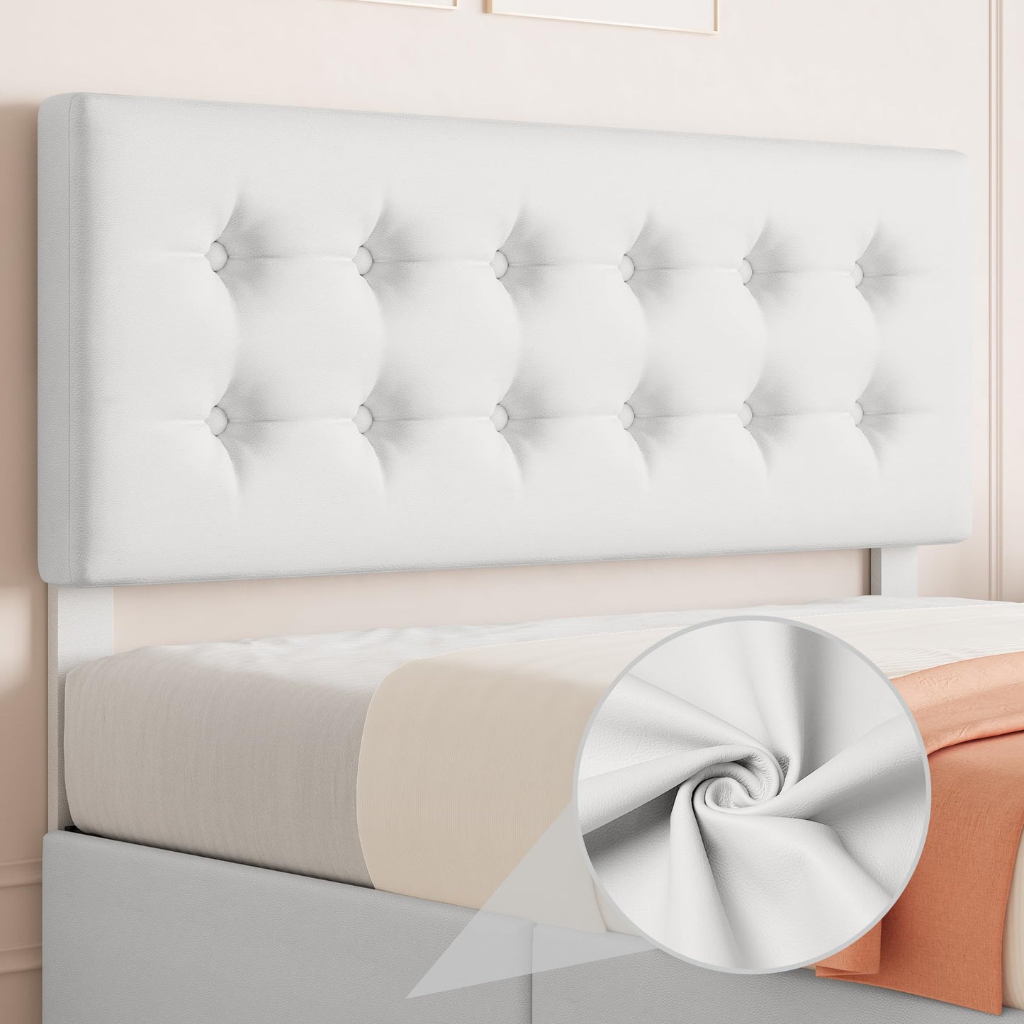 GarveeHome Full Size Bed Frame with 4 Storage Drawers and Headboard, Faux Leather Upholstered Platform Bed Frame with Wooden Slats Support, Button Tufted Design, No Box Spring Needed, White