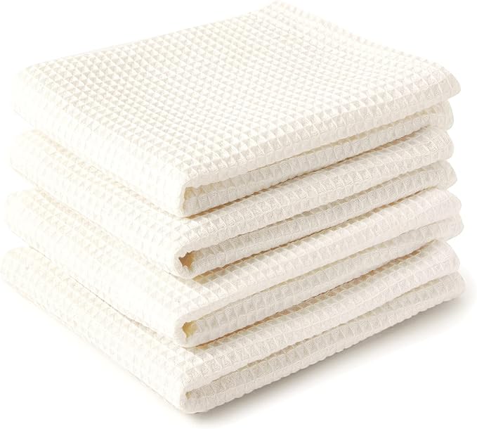 Encasa XO Kitchen Dish Towels Set | Solid Off White | Waffle Weave and Flat