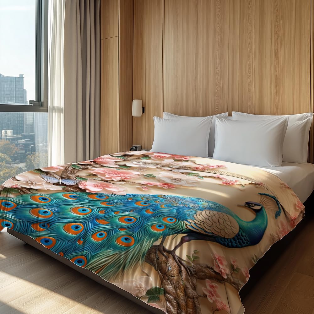 HUNXIAOJ Peacock Throw Blanket for Couch Peacock Themed Decor Animal Print Blanket King Size Soft Warm Flannel for Sofa Bed (50 in x 60 in)