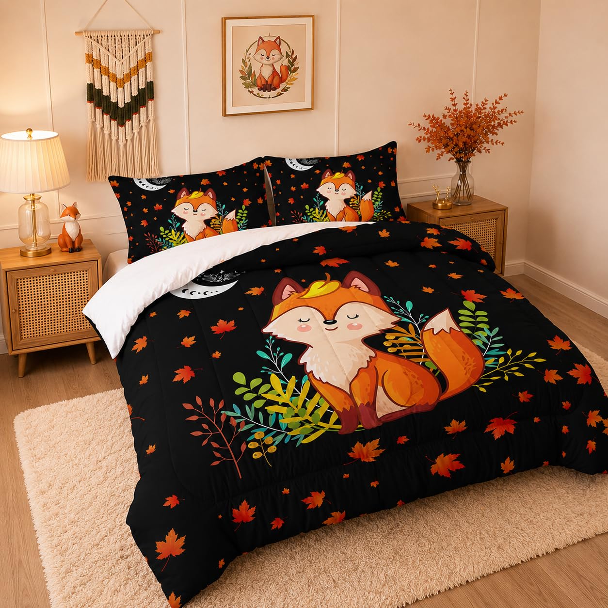 XYNHML Cartoon Fox Comforter Set 3-Pieces Cute Fox Bedding Set Moon Plants Leaves Printed Quilt Set for Kids Boys Girls with 2 Pillowcases Full
