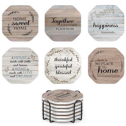 UMIRRO Rustic Farmhouse Coasters for Coffee Table Decor, Ceramic Coaster Set with Holder for Wooden Table, Cute Cup Coasters for Drinks Absorbent, Housewarming Gifts for New House/Home, 4", 6 Pack