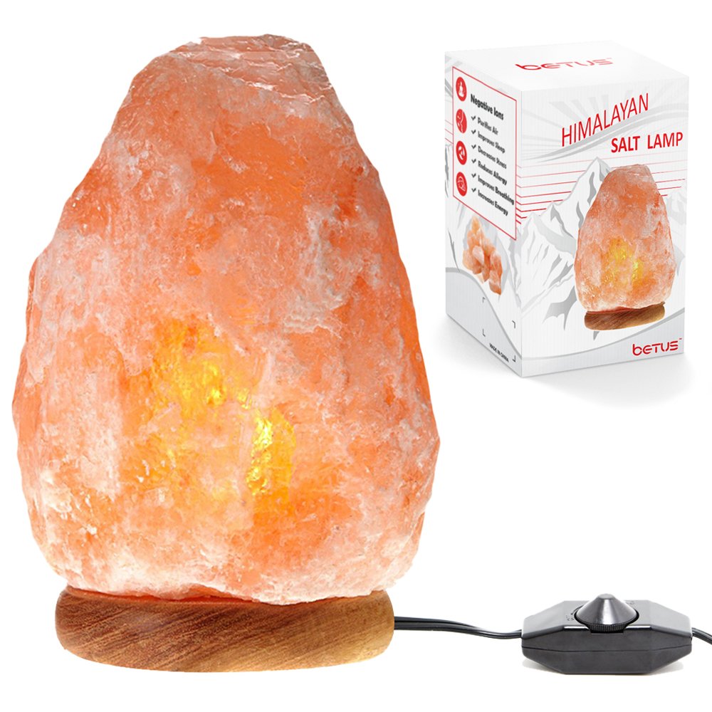 Betus [Natural Crystal Himalaya Salt Lamp Hand Carved on Wood Base with Dimmable Cord and Light Bulb - 8 to 9 Inches Height, 8 to 11 Pounds