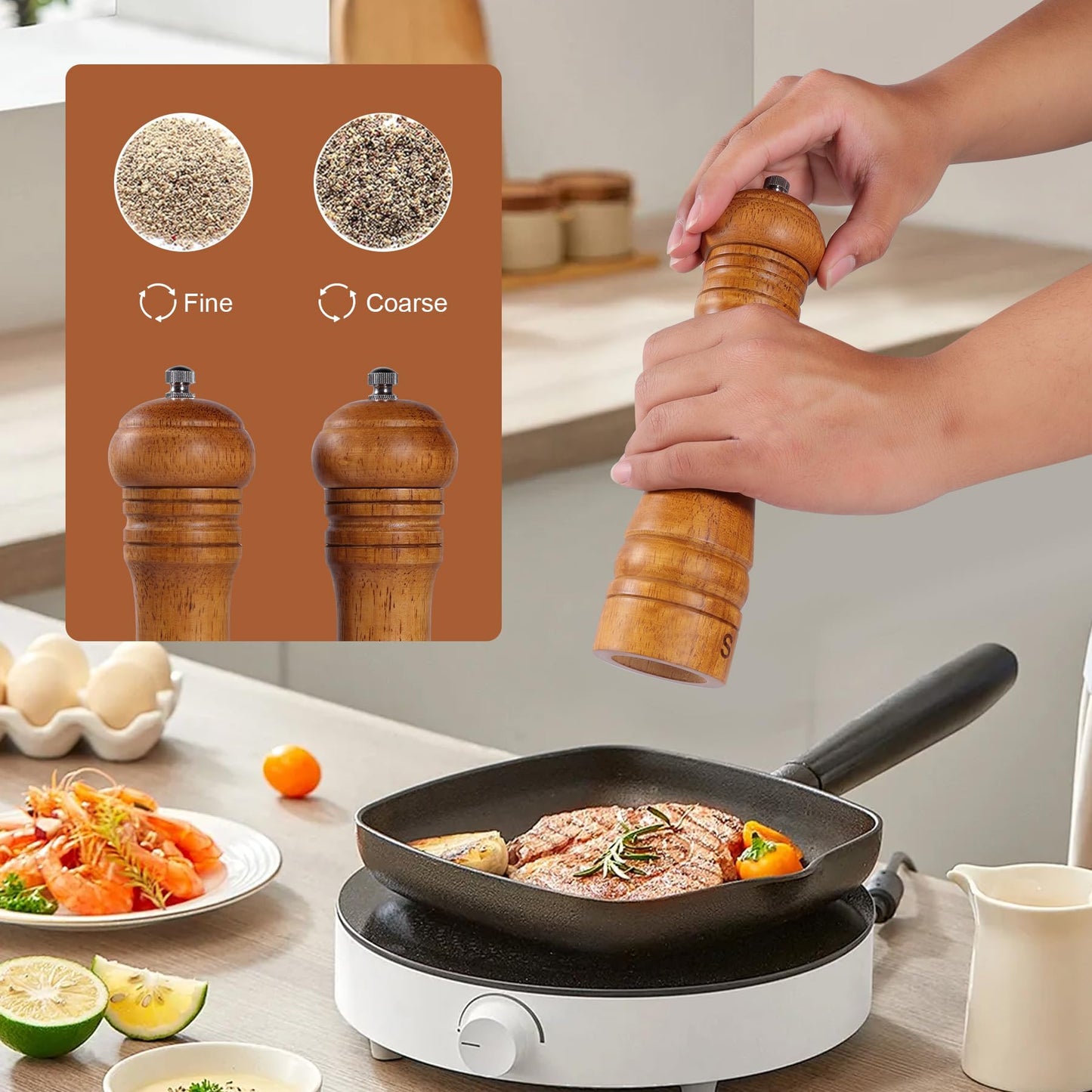 DEBETOOL Wooden Salt and Pepper Grinder Set with Stand - 8-inch Oak Wood Salt Mill Pepper Grinder Set, Adjustable Ceramic Core, 2 Pepper Mills + Wooden Spoon & Cleaning Brush (Kitchen Essential)