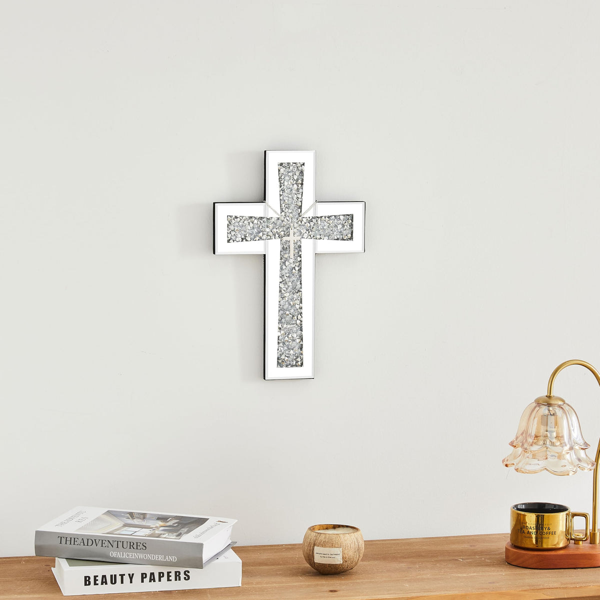 Aeveco Cross Wall Decor, Silver Mirrored Cross for Living Room, Crystal Crush Diamond Mirror Crosses, Religious Wall Art, Home Decor