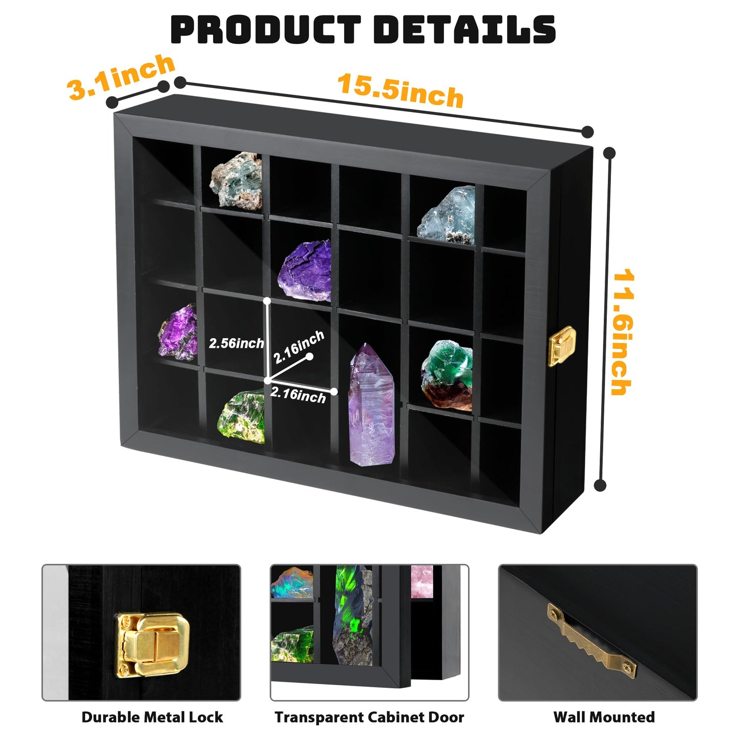 Adjustable Rock Display Case Wall Mounted, Crystal Collection Box with Shelves, Wooden Rock Collection Box for Kid and Collectibles