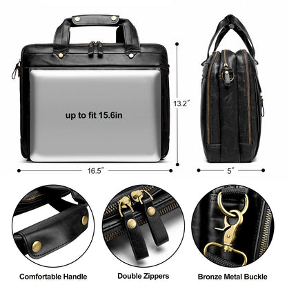 Bosidu Leather Briefcases for Men 15.6 Inch Laptop Messenger Bag with Triple Compartments Water-Resistant Computer Shoulder Bag for Business, Travel, Work, Office, Black