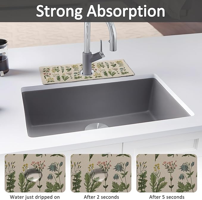 15" X 5.5" Kitchen Sink Splash Guard Faucet Mat Floral Super Absorbent Fast