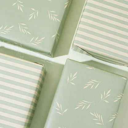 ZINTBIAL Reversible Gift Wrapping Paper Roll - Light Green Background with Beige Leaves - Green Stripe Design - for Birthdays,Weddings,Baby Showers,Mother's Day,Christmas - 17.5" x 33' (48 sq. ft.)