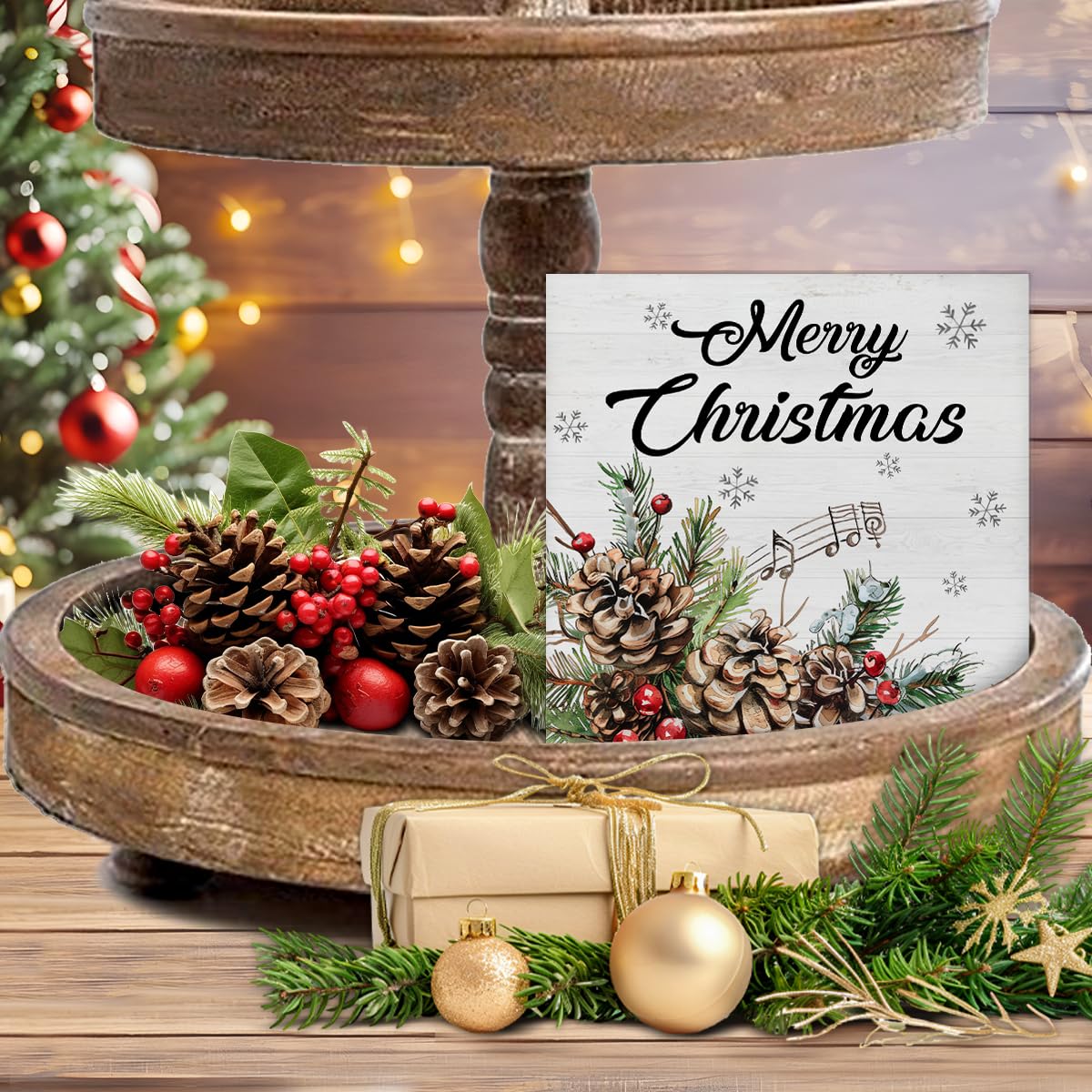 Farmhouse Christmas Decorations, Merry Christmas Decor Sign, Elk Trees Pine Cones Holly Berry Wood Sign Rustic Home Table Desk Decor (5 x 5 Inches)