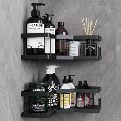 Shower Caddy, 2 Pack Black Bathroom Shelves, Adhesive Shelf Storage No Drilling, Carbon Steel Shower Organiser, Rust-Resistant Caddy Corner, Soap Holder, Bathroom Accessory