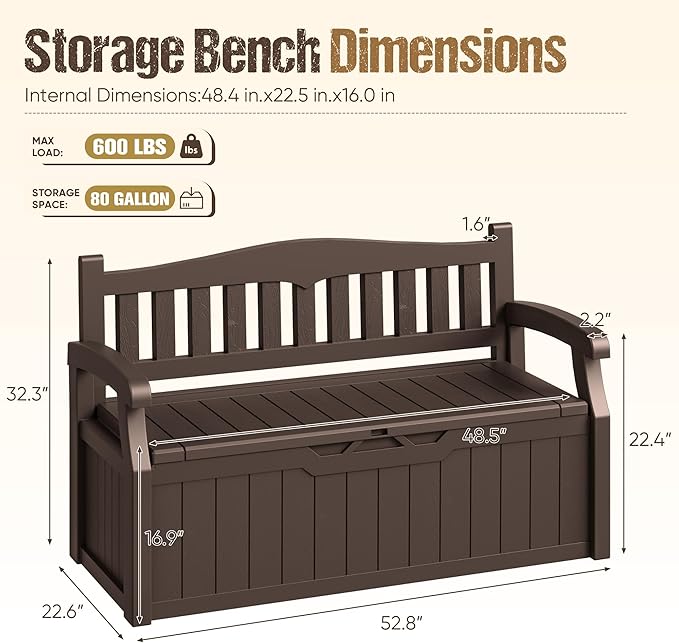 80-Gallon Outdoor Storage Bench, Waterproof Deck Box with Lockable Lid & Armrests for Patio, Garden, Pool, Brown
