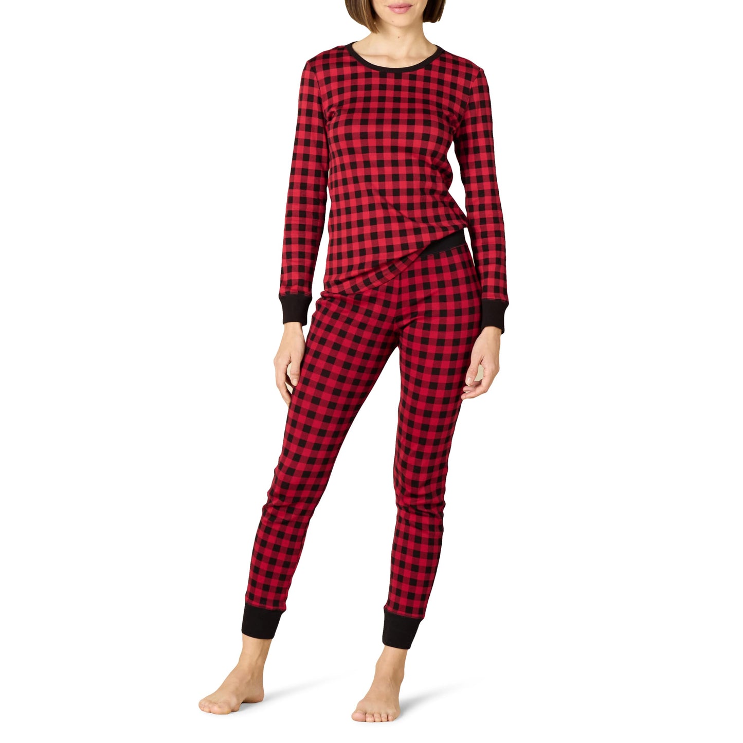 Amazon Essentials Women's Snug-Fit Cotton Sleepwear Pajama Set (Available in Plus Size), Classic Buffalo Check, X-Small