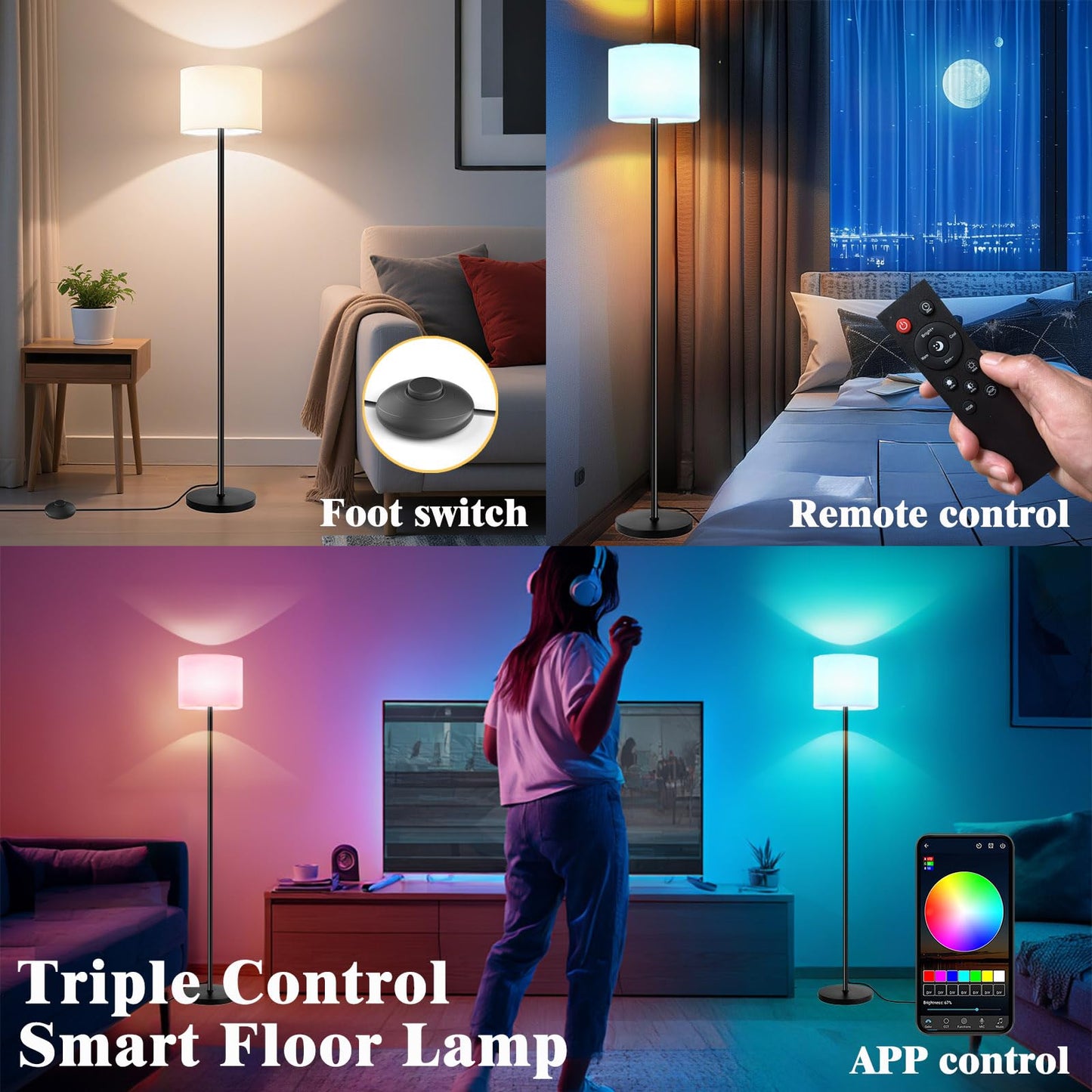 Fuvqeyes Smart Floor Lamp with APP & Remote Control - Dimmable RGB & White Light (3000K-6500K) for Living Room, Bedroom, Office - Modern Standing Lamp with 9W LED Bulb Included