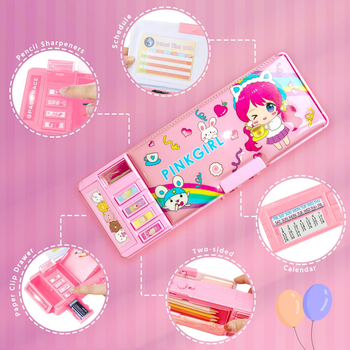 Pop Up Multifunction Pencil Case for Girls and Boys, Cute Cartoon Pen Box Organizer Stationery with Lock, Sharpener, Schedule, Whiteboard, School Supplies, Best Gifts for Kids Teens(Pink 2)