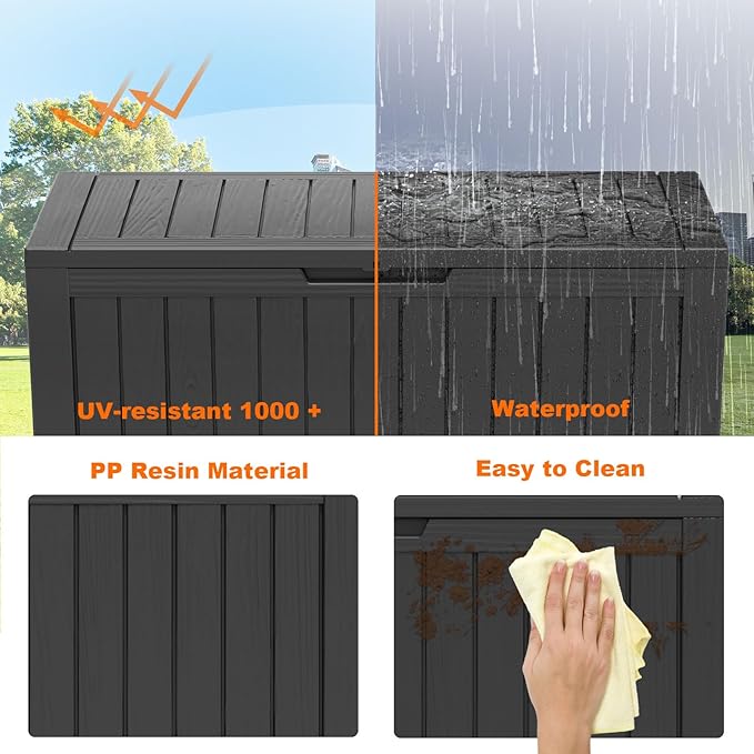 86 Gallon Outdoor Deck Box, Lockable Waterproof Outdoor Storage Boxes For Garden Tools,Indoor Cushions,Accessories Outside Storage Resin Weatherproof Container(Black)