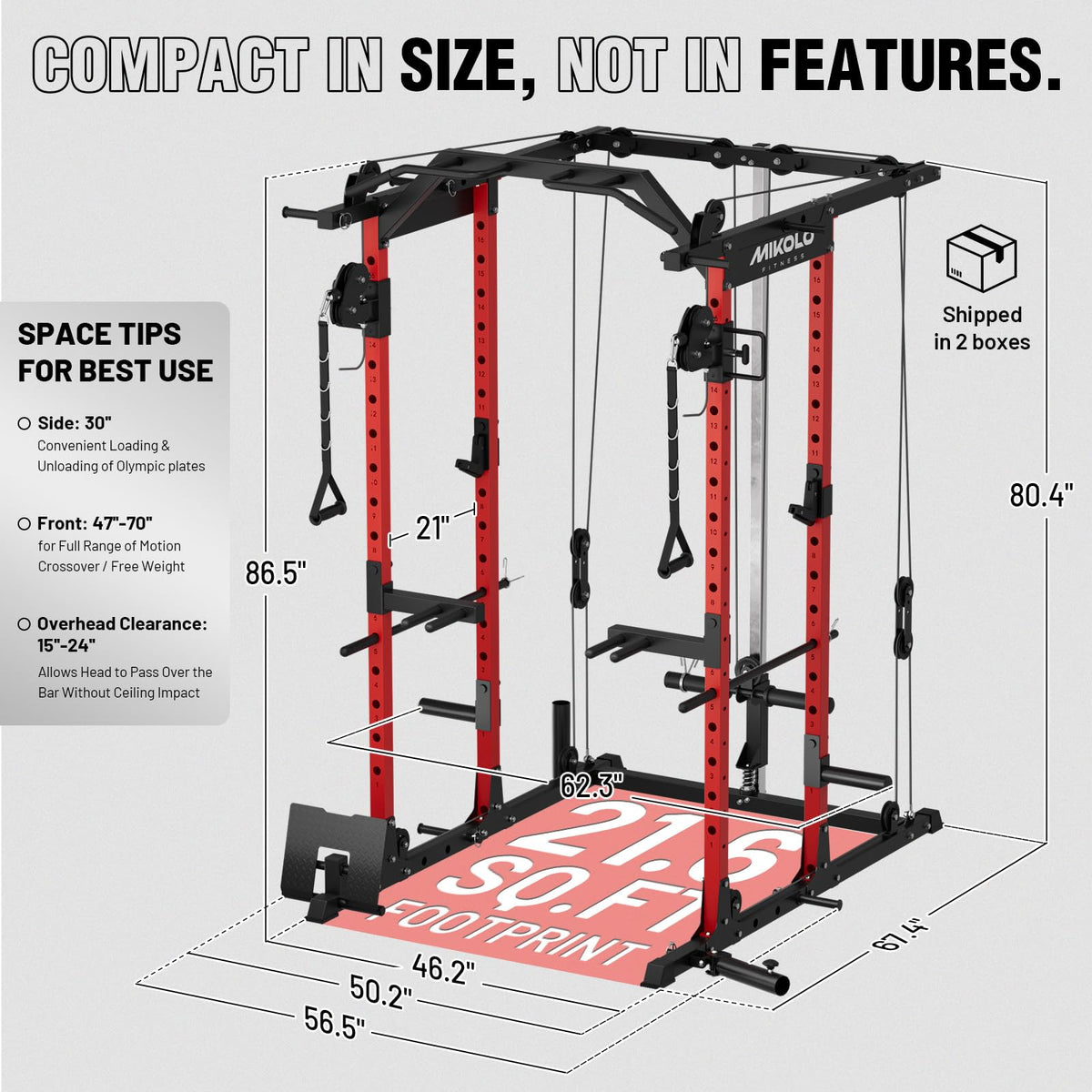 Mikolo Power Cage Power Rack with Cable Crossover System, 1500LBS Squat Rack,with LAT Pull Down System, Home Gym Packages with Weight Bench, Olympic Barbell Weight Set-Red