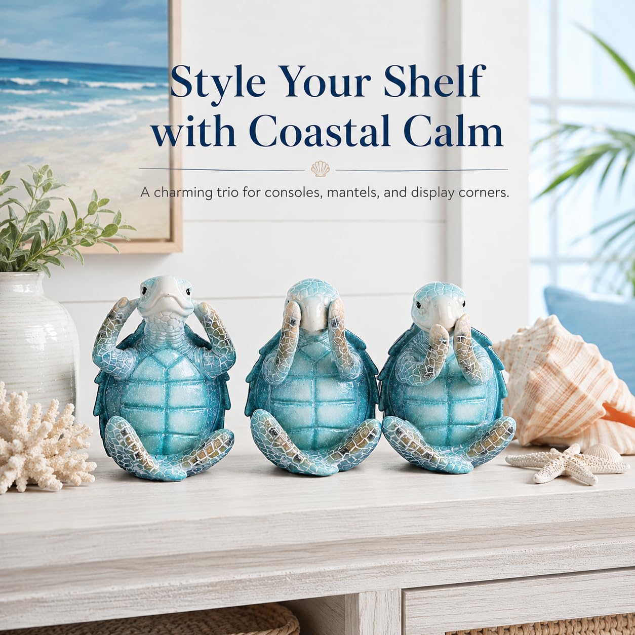 Wise Sea Turtle Sculpture Decor Set of 3,Hear See Speak No Evil Figurines,Summer & Coastal Bathroom Shelf Accents,Blue Ocean Statues for Beach House,Tiered Tray Mantel Decor,Sea Turtle Gifts for Women