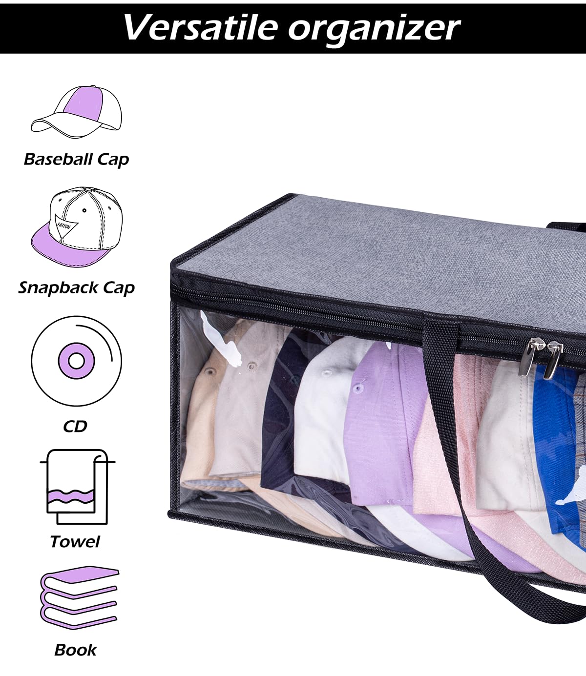 KIMBORA 2 PCS Wide Hat Storage for Baseball Caps Organizer with 2 Sturdy Handles Hat Racks Holder Grey Capbox Stackable for Home Travel
